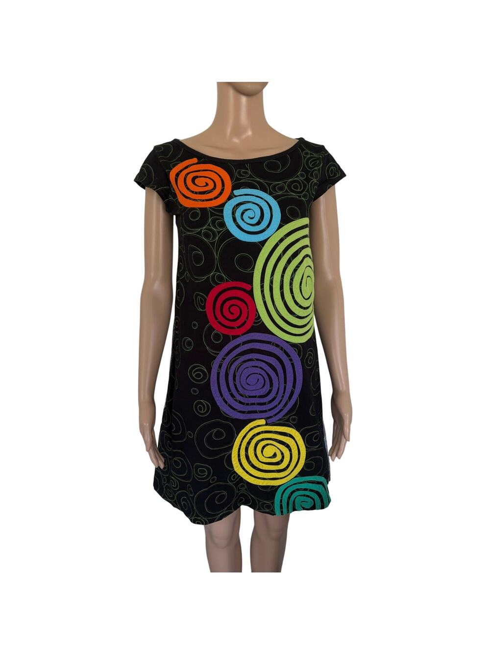 Vintage Patch Spiral Print A-Line Shift Dress 4 Artsy Whimsical Dopamine Cotton